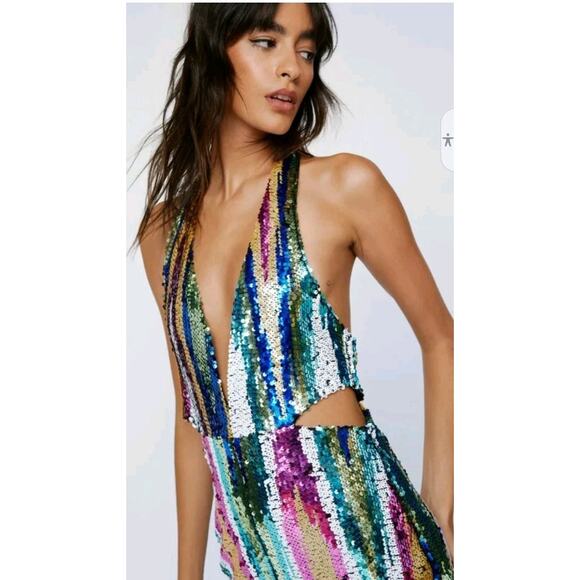 NWT Nasty Gal Stripe Sequin Halterneck Cut Out Jumpsuit Size 8 - Picture 1 of 8